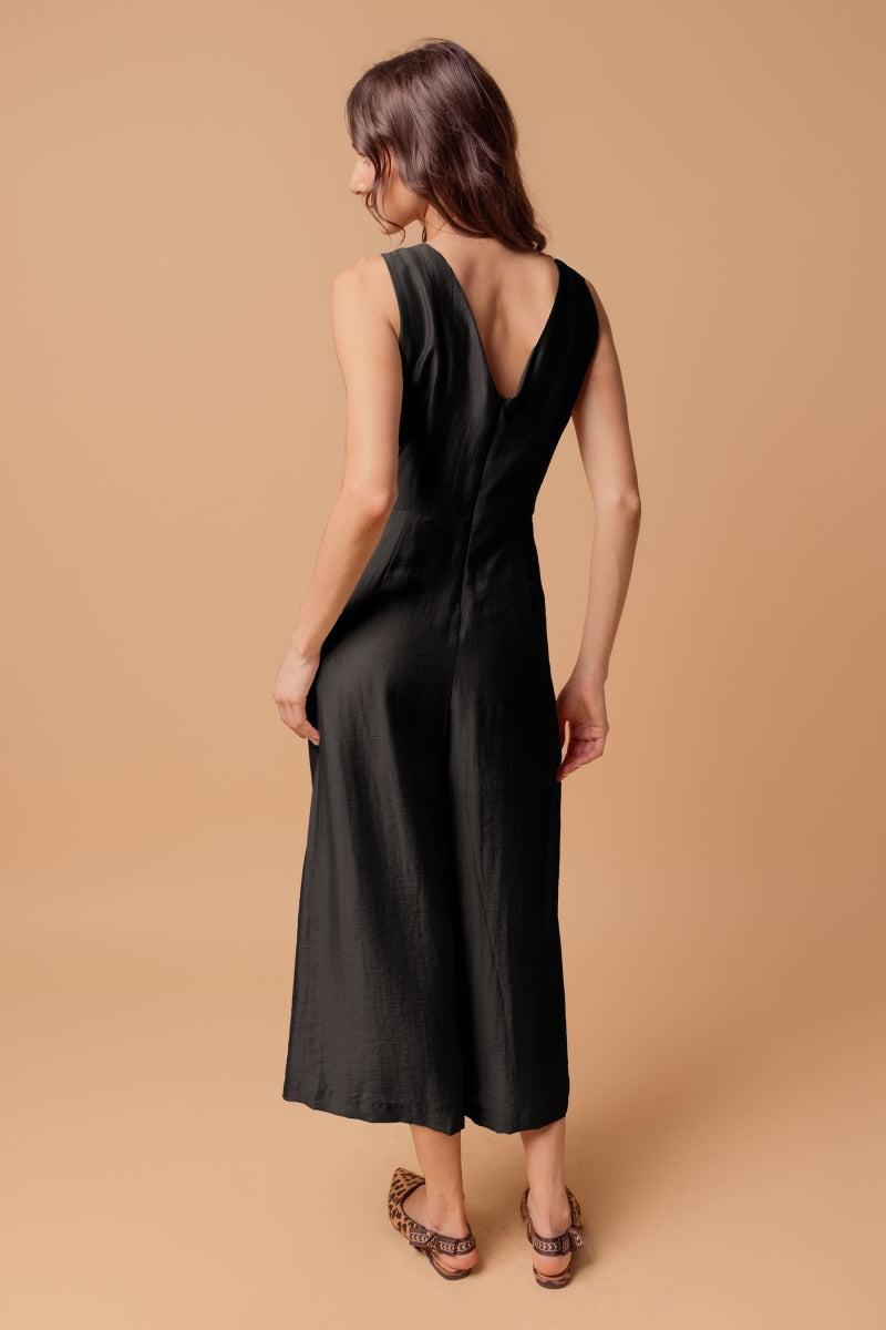 Sleeveless Linen Summer Jumpsuit with Cropped Wide-Leg Pants and Button Detail in Taupe