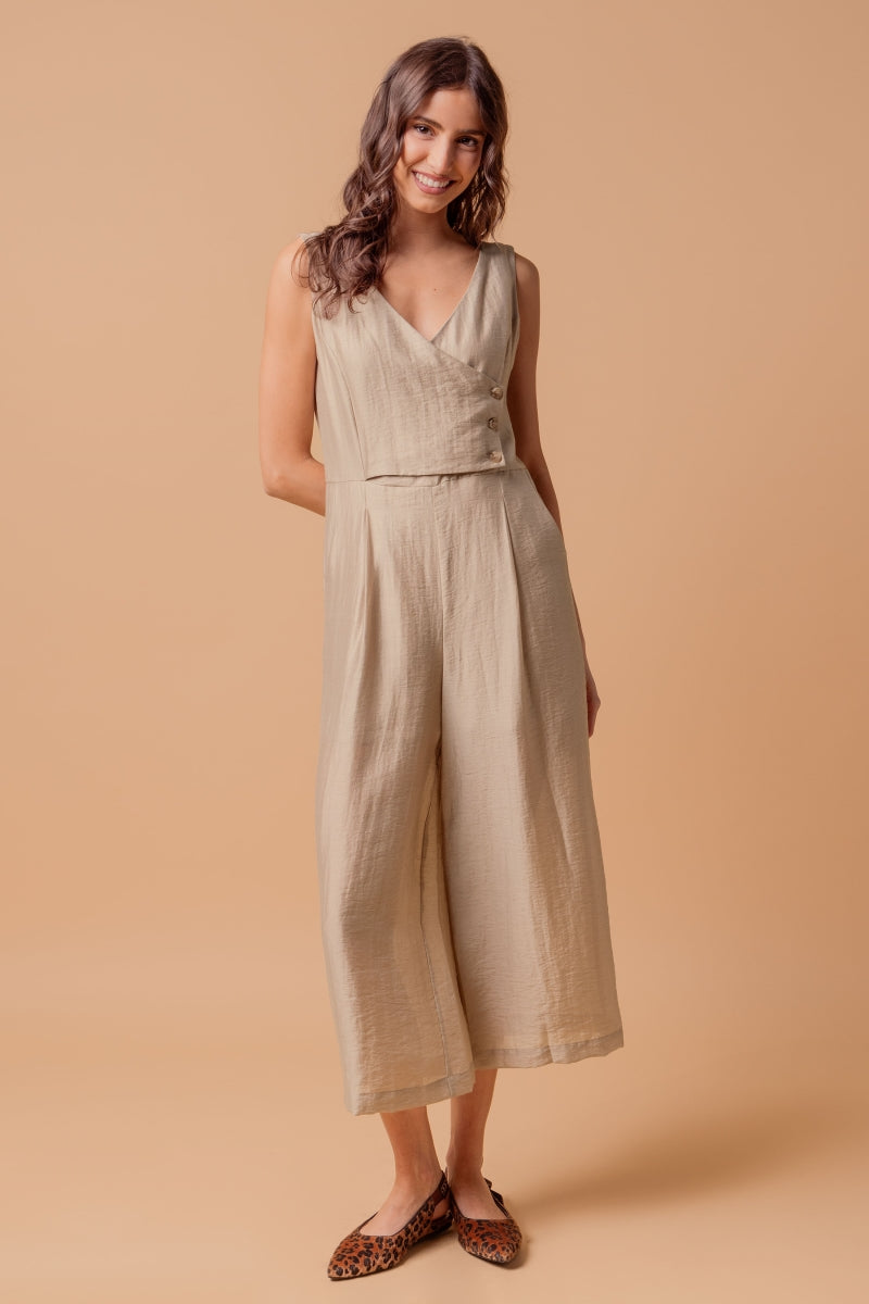 Sleeveless Linen Summer Jumpsuit with Cropped Wide-Leg Pants and Button Detail in Taupe