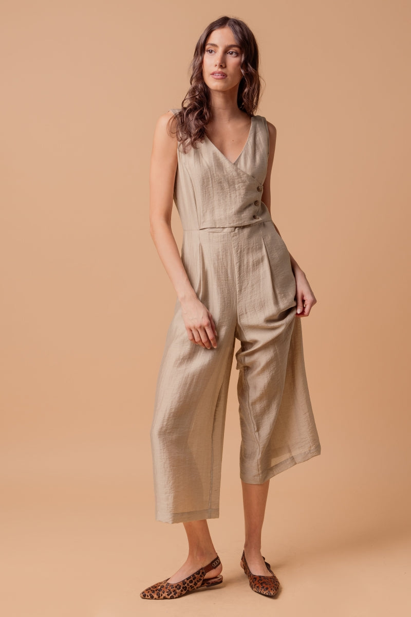 Sleeveless Linen Summer Jumpsuit with Cropped Wide-Leg Pants and Button Detail in Taupe