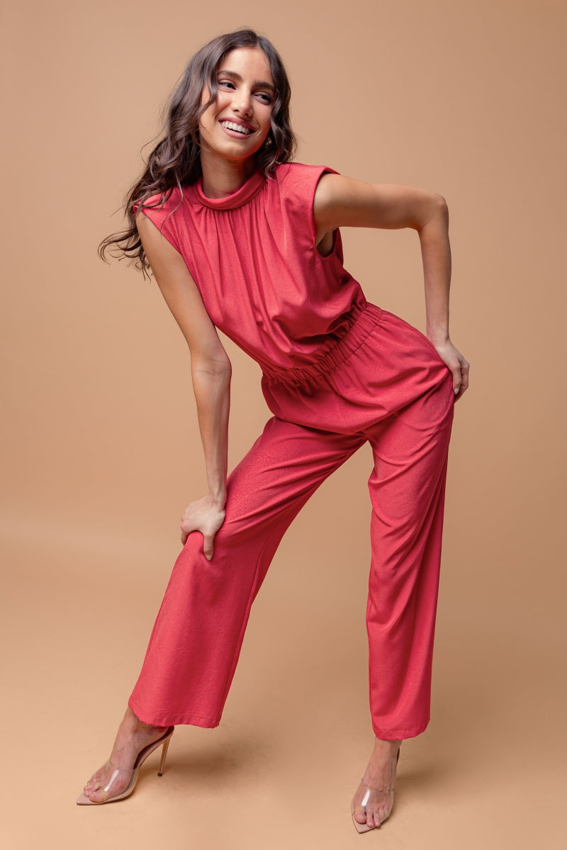 Women's High Neck sleevless Jumpsuit with a marble texture effect.