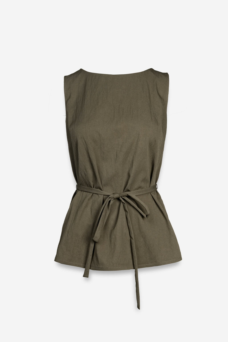 Green sleeveless top with a tie waist on a white background