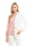 Dual Color Button Front Collared Blouse