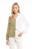 Dual Color Button Front Collared Blouse