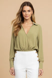 Long Sleeve Cropped Surplice Collared Blouse