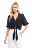 3/4 Balloon Sleeve Cropped Tie Waist Blouse