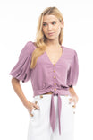 3/4 Balloon Sleeve Cropped Tie Waist Blouse
