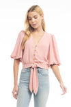 3/4 Balloon Sleeve Cropped Tie Waist Blouse