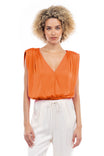 Sleeveless Shirred Padded Shoulder Surplice Top