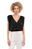 Sleeveless Shirred Padded Shoulder Surplice Top