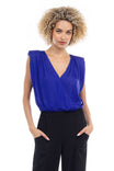 Sleeveless Shirred Padded Shoulder Surplice Top