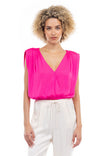 Sleeveless Shirred Padded Shoulder Surplice Top