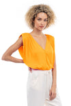 Sleeveless Shirred Padded Shoulder Surplice Top