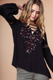 Embroidered Lace Up Long Sleeve Blouse