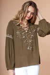 Embroidered Lace Up Long Sleeve Blouse