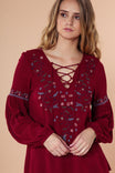Embroidered Lace Up Long Sleeve Blouse