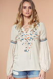 Embroidered Lace Up Long Sleeve Blouse
