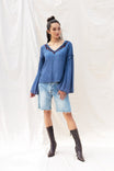 Embroidered Pigment Dyed V-neck Blouse