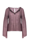 Embroidered Pigment Dyed V-neck Blouse