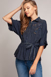 Sleeve Rueffle With Waist Tie Blouse