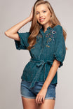 Sleeve Rueffle With Waist Tie Blouse