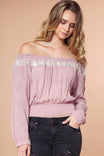 Embroidered Off Shoulder Smocked Blouse