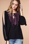 Embroidered Tassel Tie Long Sleeve Blouse