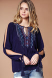 Embroidered Tassel Tie Long Sleeve Blouse