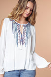 Embroidered Tassel Tie Long Sleeve Blouse