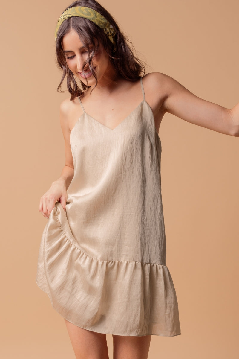 Casual Summer Ruffle Hem Mini Dress with Spaghetti Straps in Taupe