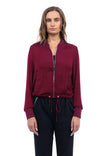 Rib Contrast Satin Jacket With Waist Drawstring