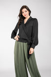 Surplice Lapel Tie Blouse With Balloon Sleeves