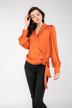 Surplice Lapel Tie Blouse With Balloon Sleeves