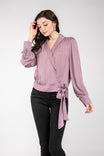 Surplice Lapel Tie Blouse With Balloon Sleeves
