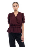 Pleated Ruffle Shirred Peplum Blouse