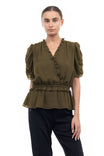 Pleated Ruffle Shirred Peplum Blouse