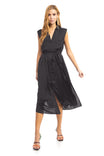 Pleated Shoulder Cap Sleeve Midi Shirt Dress