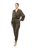 Long Sleeve Collared Surplice Cargo Jumpsuit