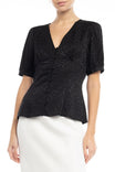 Button Down V Neck Short Sleeve Jacquard Blouse