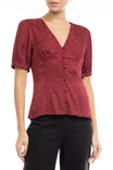 Button Down V Neck Short Sleeve Jacquard Blouse