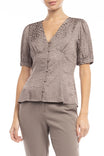 Button Down V Neck Short Sleeve Jacquard Blouse