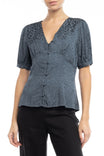 Button Down V Neck Short Sleeve Jacquard Blouse