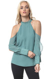 Ruffle Mock Neck Cold Shoulder Blouse