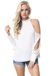 Ruffle Mock Neck Cold Shoulder Blouse
