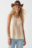 Spaghetti Fringe Top With Back Button Keyhole