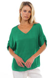V-Neck Satin Top With Self Bands Sleeve Detail