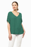 V-Neck Satin Top With Self Bands Sleeve Detail