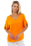 V-Neck Satin Top With Self Bands Sleeve Detail