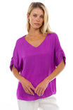 V-Neck Satin Top With Self Bands Sleeve Detail