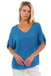 V-Neck Satin Top With Self Bands Sleeve Detail