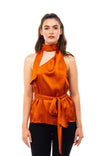 Sleeveless Belted Top With Attached Self-scarf